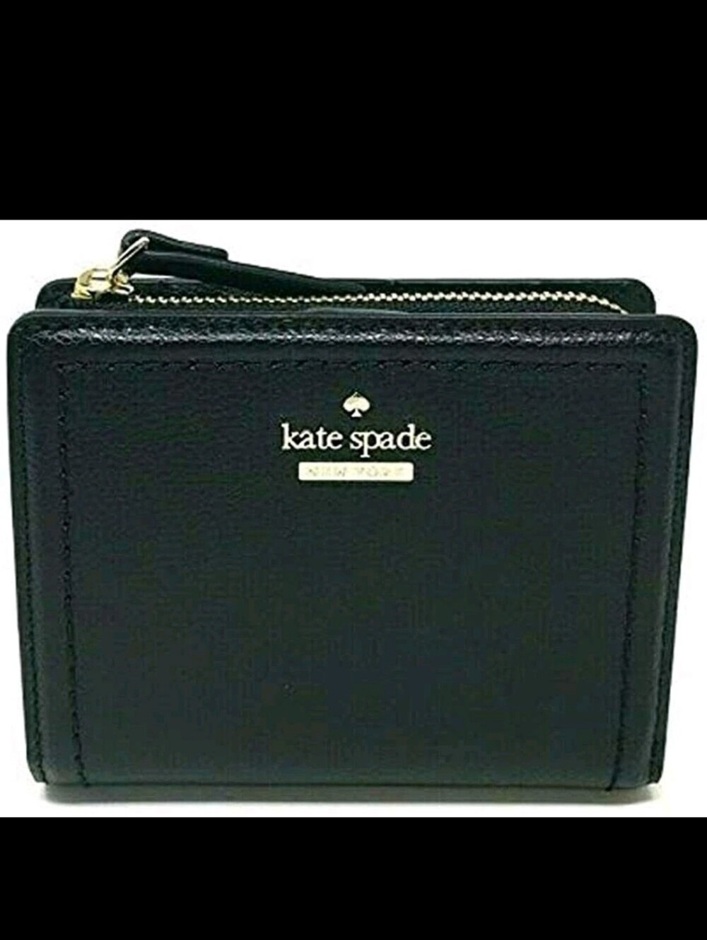 Kate Spade Solid Black Minimalist Pebbled Leather Bifold Wallet With Zip Pocket